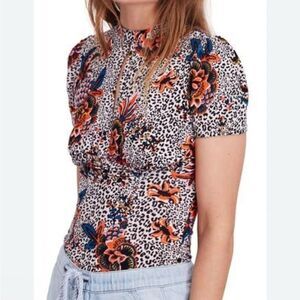 Free People Animal Print Boho Fitted Puff Sleeve Blouse